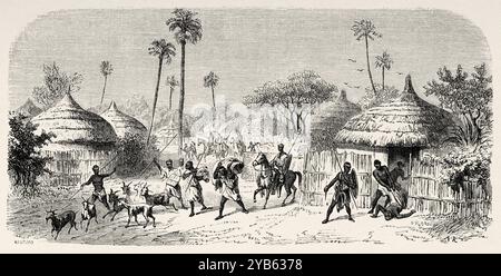 Das Dorf Barea wird geplündert, Niger. Afrika. Zeichnung von Adolphe Rouargue (1810–1870) Reisen und Entdeckungen in Nord- und Zentralafrika, 1849-1855 von Heinrich Barth (1821–1865) Le Tour du Monde 1860 Stockfoto