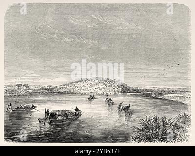 Blick auf das Dorf Kabra, Hafen von Timbuktu am Niger, Mali. Afrika. Zeichnung von Adolphe Rouargue (1810–1870) Reisen und Entdeckungen in Nord- und Zentralafrika, 1849-1855 von Heinrich Barth (1821–1865) Le Tour du Monde 1860 Stockfoto