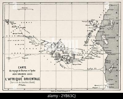 Antike Karte von Burton und Spekes Reise von Sansibar nach Kaseh. Tansania. Afrika. Reise zu den Großen Seen Ostafrikas, 1857-1859 vom britischen Entdecker Richard Francis Burton (1821-1890) Le Tour du Monde 1860 Stockfoto