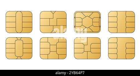 Goldene Vektorsymbole des EMV-Chips. Quadratische Computer-Mikrochips für Kreditkarten. Kontaktlose Bezahlung an Terminals und Geldautomaten. Legen Sie das nfc-Symbol für die Linie fest. Stock Vektor