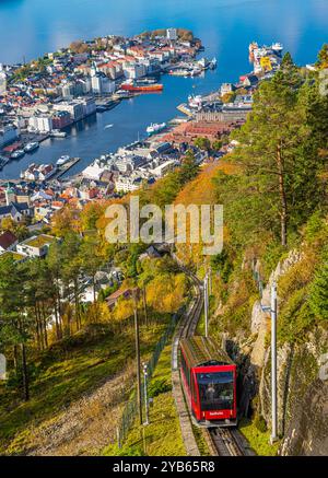 Herbstfarben in den Bergen in Norwegen. Dies ist vom Mt. Floyen, der mit der Standseilbahn vom Stadtzentrum aus erreicht werden kann. Stockfoto