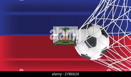 Fußball-Ball im Goal Net isoliert auf haitianischer Schattwahne, Sportzubehör für Spiel-, Meisterschafts- und Wettkampfdesign Stock Vektor