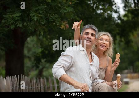 Glückliches, reifes Paar, das ein Eis im Park isst Stockfoto