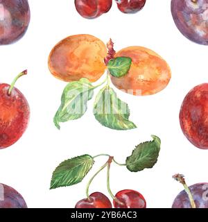 Nahtloses Muster aus Aprikose, Kirsche, Pflaumenzweigen mit Blättern, die von Hand in Aquarell gezeichnet sind. Reife Beeren auf Obstbäumen. Früchte sind gestrichen Stockfoto