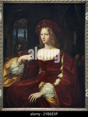 Porträt von Dona Isabel de Requessens. Vicereine von Neapel. Früher Porträt von Giovanna d'Aragona von Raffaello Santi Sanzio (1483-1520) Stockfoto