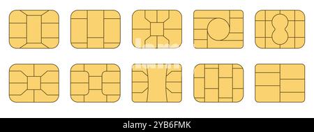 EMV-Chip-Symbolsatz. Microchip für Kreditkarten- oder Debitgebühren oder sim-Karten aus Kunststoff. Digitale NFC-Technologie. Kontaktlose Bezahlung an Terminals und Geldautomaten. Vektorabbildung Stock Vektor