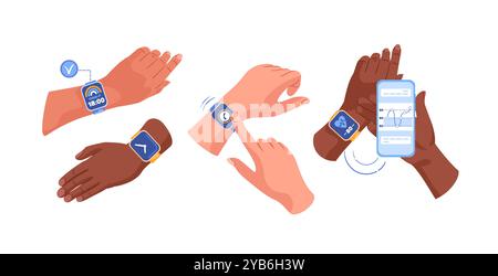 Intelligentes Uhrenset. Vektorabbildung mit verschiedenen Handgesten. Digitales Technologiekonzept im flachen Design. Vektorillustration eines Handgelenks Stock Vektor