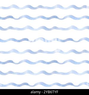 Horizontale Wellen blaue Linien in nahtlosem Aquarellmuster isoliert. Wellenstruktur im Cartoon-Stil für Kinder. Kurvige Linien blassblau von Hand gezeichnet Stockfoto