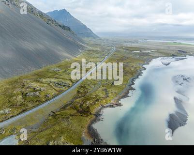 Luftaufnahme der Küste, vor der Küste Sandbank, östlich von Höfn, Ostfjorde, Island Stockfoto