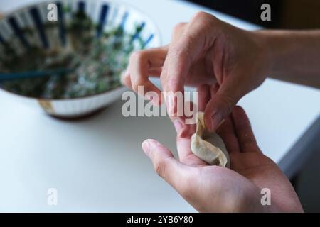 Nahhände machen chinesische Knödel. Verschwommene Knödelfüllung auf dem Tisch. Chinesische Esskultur Stockfoto