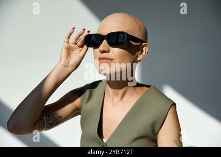 Eine selbstbewusste junge Frau mit Alopezie posiert und zeigt ihren einzigartigen Stil in modischen Sonnenbrillen. Stockfoto