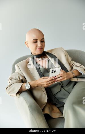 Ein ruhiger Moment fängt eine kahlköpfige Frau in ihrem Smartphone ein, elegant gekleidet. Stockfoto