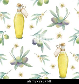 Olivenöl in einer Glasflasche mit einem Etikett und Olivenzweigen und Blumen nahtlose Aquarellmuster auf weiß. Handgezeichnete botanische Illustration. Stockfoto