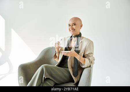 Eine junge kahlköpfige Frau mit Alopezie lächelt herzlich, während sie Tee in einem stilvollen Stuhl isst. Stockfoto