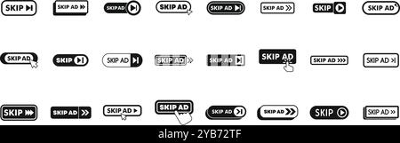 Anzeigensymbole überspringen. Verschiedene Schaltflächen zum Überspringen von Werbeanzeigen, mit denen Benutzer Werbeinhalte umgehen können Stock Vektor