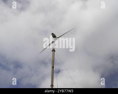 Windkraftanlage mit zwei Flügeln und bewölktem Himmel, Windkraft und sauberes Energiekonzept Stockfoto