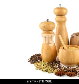 Pfeffermühle und Gewürzset isoliert auf weißem Hintergrund. Freier Platz für Text. Stockfoto