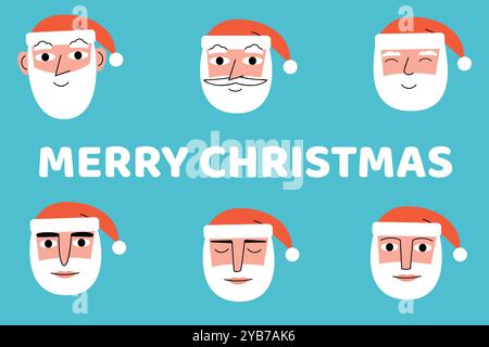 Die Gesichter des Weihnachtsmanns. Frohe Weihnachten Text. Stock Vektor