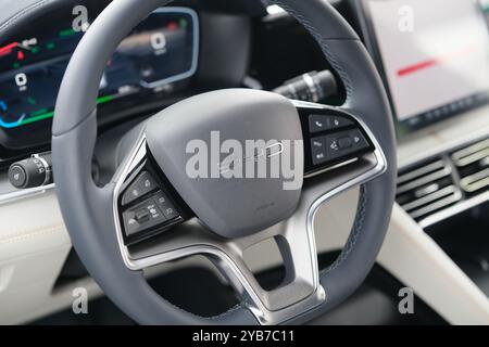 Shanghai, China – 9. Juli 2023: BYD-Markenlogo am Lenkrad. Chinesisches Elektroauto-Unternehmen Stockfoto