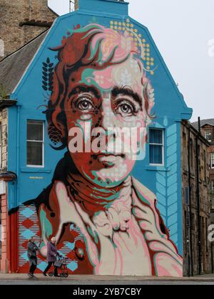 Kilmarnock, Schottland, Großbritannien. 13. Oktober 2024: Ein großes Wandbild des schottischen Dichters Robert Burns. Stockfoto