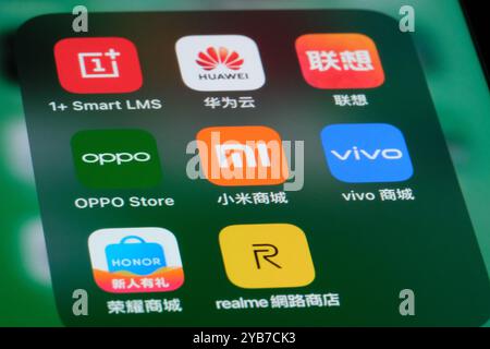 Xiaomi, Oppo, vivo, OnePlus, Huawei, Lenovo, Honor, Realme Markenlogo auf dem Telefonbildschirm. Verschiedene chinesische elektronische Smartphone-Unternehmen Stockfoto