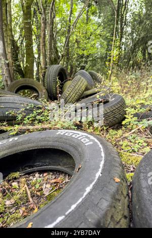 Alte, ausgediente Fahrzeugreifen, illegal entsorgt, Fliegenkippe, Umwelt-, Verschmutzungskonzept Stockfoto