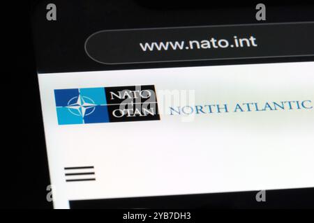 NATO-Logo (Nordatlantikvertragsorganisation) auf der offiziellen Website. Zwischenstaatliche Militärallianz Stockfoto