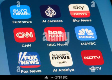 BBC NEWS, CNN, MSNBC, Euronews, Al Jazeera, Sky News, Fox News, Al Arabiya App Icon, NDTV. Verschiedene Markenlogos für Nachrichtensender Stockfoto