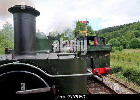 Die GWR-Koffer fahren an der South Devon Railway an der Bishops Bridge vorbei. Beide betreiben zuerst den Bunker. Stockfoto