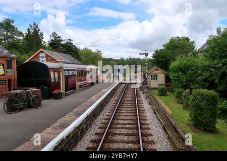 Bahnhof Staverton an der South Devon Railway, von der Rückseite eines vorbeifahrenden Zuges aus gesehen. Stockfoto