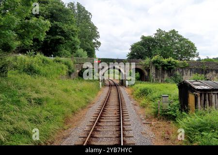 Riverford Bridge (Hood Bridge) an der South Devon Railway, von der Rückseite eines vorbeifahrenden Zuges aus gesehen. Stockfoto