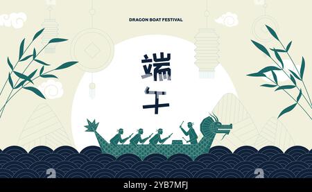 Chinesisches Dragon Boat Race Festival-Banner. China Duanwu Urlaub traditioneller Reis in Bambusknödel Zongzi Landschaft und Menschen rudern. Asiatischer Bootswettbewerb. Textübersetzung Dragon Boat Festival Stock Vektor