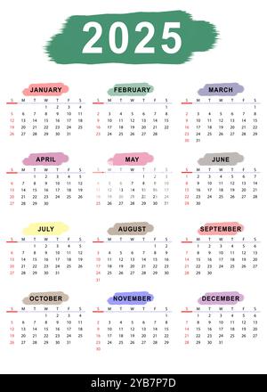 Vorlage für den Monatskalender 2025. Sonntag beginnt. Vektordesign Stock Vektor