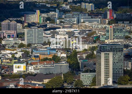 Luftbild, Innenstadtansicht Skyline Limbecker Platz, hinten Funke Medienhaus und die Universität Duisburg-Essen, Nordrhein-Westfalen, Deutschland ACHTUNGxMINDESTHONORARx60xEURO *** Luftbild, Innenstadtansicht Skyline Limbecker Platz, Funke Medienhaus und die Universität Duisburg im Hintergrund Essen, Nordrhein-Westfalen, Deutschland ATTENTIONxMINDESTHONORARx60xEURO Stockfoto