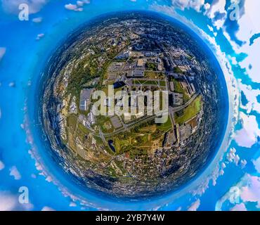 Luftbild, Hauptverwaltung ThyssenKrupp Quartier Konzernzentrale im Westviertel, Erdkugel, Fisheye Aufnahme, Fischaugen Aufnahme, 360 Grad Aufnahme, winzige Welt, kleiner Planet, Fischaugenbild, Westviertel, Essen, Ruhrgebiet, Nordrhein-Westfalen, Deutschland ACHTUNGxMINDESTHONORARx60xEURO *** Luftaufnahme, ThyssenKrupp Quartier Hauptquartier im Westviertel, Erdkugel, Fischaugenbild, 360-Grad-Bild, winzige Welt, kleiner Planet, Fischaugenbild, Westviertel, Essen, Ruhrgebiet, Nordrhein-Westfalen, Deutschland ACHTUNGxMINDESTHONORARx60xEURO Stockfoto