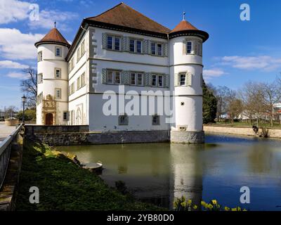 Blick auf die Burg Bad Rappenau zu Beginn des Frühlings mit Reflexionen im Burggraben Stockfoto