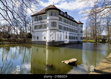 Blick auf die Burg Bad Rappenau zu Beginn des Frühlings mit Reflexionen im Burggraben Stockfoto