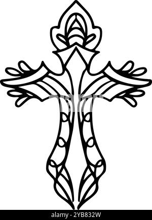 Kompliziertes, Verziertes Kreuzdesign - Line Art Religiöses Symbol. Dekoratives Religiöses Kreuz - Kompliziertes Vektordesign Stock Vektor