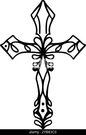 Kunstvoll verzierte Cross Line Art – perfekt für religiöse Designs. Heiliges religiöses Kreuz mit komplizierter Ornamentierung - Vektorkunst Stock Vektor