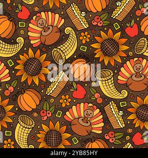 Cartoon niedliche Hand gezeichnet Thanksgiving nahtlose Muster. Bunt detailliert, mit vielen Objekten Hintergrund. Endlose lustige Vektor-Illustration. Helle c Stock Vektor