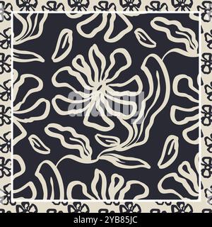 Schwarz-weiße Pinselstriche in Schwarz-weiß-Optik mit Schal- oder Bandana-Design in Tintenflorenfarben Stock Vektor