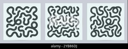 Labyrinth-Banner-Set mit gewellten, kräftigen Pinselstrichen. Poster mit quadratischen abstrakten geometrischen Linien, Vorlagen für Wandbilder. Grunge-Vektordesigns. Stock Vektor