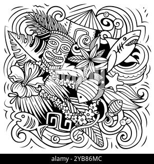 Hawaii Cartoon-Vektor-Doodle-Design. Skizzenhafte, detaillierte Komposition mit vielen hawaiianischen Objekten und Symbolen Stock Vektor
