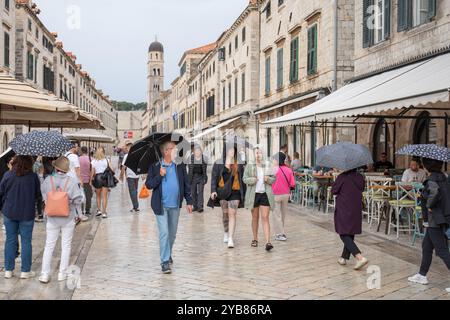 Dubrovnik, Kroatien. Oktober 2024. Touristen laufen und machen Fotos auf Stradun trotz des Regens am 17. Oktober 2024 in Dubrovnik, Kroatien. Foto: Grgo Jelavic/PIXSELL Credit: Pixsell/Alamy Live News Stockfoto