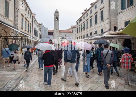 Dubrovnik, Kroatien. Oktober 2024. Touristen laufen und machen Fotos auf Stradun trotz des Regens am 17. Oktober 2024 in Dubrovnik, Kroatien. Foto: Grgo Jelavic/PIXSELL Credit: Pixsell/Alamy Live News Stockfoto