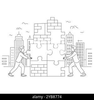 Illustration eines Geschäftsmannes, der einen Puzzleturm baut. Konzept der Teamarbeit. Einzeiliger Kunststil Stock Vektor