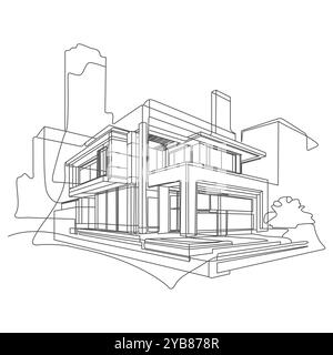 Moderne Hausarchitektur 3D-Illustration modernes Haus oder Geschäftsgebäude in durchgehender Linienzeichnung Stil. Minimalistische schwarze lineare Skizze Stock Vektor