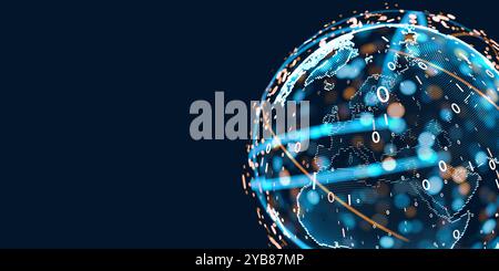 Datengestützte KI-Analysen auf globaler Ebene: Eine futuristische Visualisierung von Big-Data-Netzwerken, der digitalen Transformation der Erde und der Internet-Technologie s Stockfoto