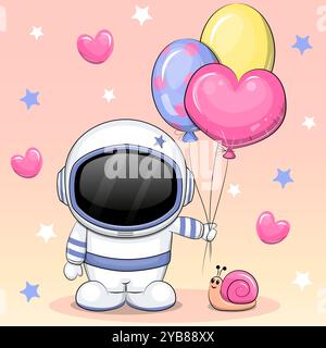 Niedlicher Cartoon-Astronaut mit Ballons und Schnecke. Vektor-Illustration auf einem rosa Hintergrund mit Herzen und Sternen. Stock Vektor