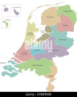 Vektor-Regionalkarte der Niederlande mit Provinzen, karibischen Sondergemeinden und Verwaltungsbereichen. Bearbeitbare und klar beschriftete Ebenen. Stock Vektor